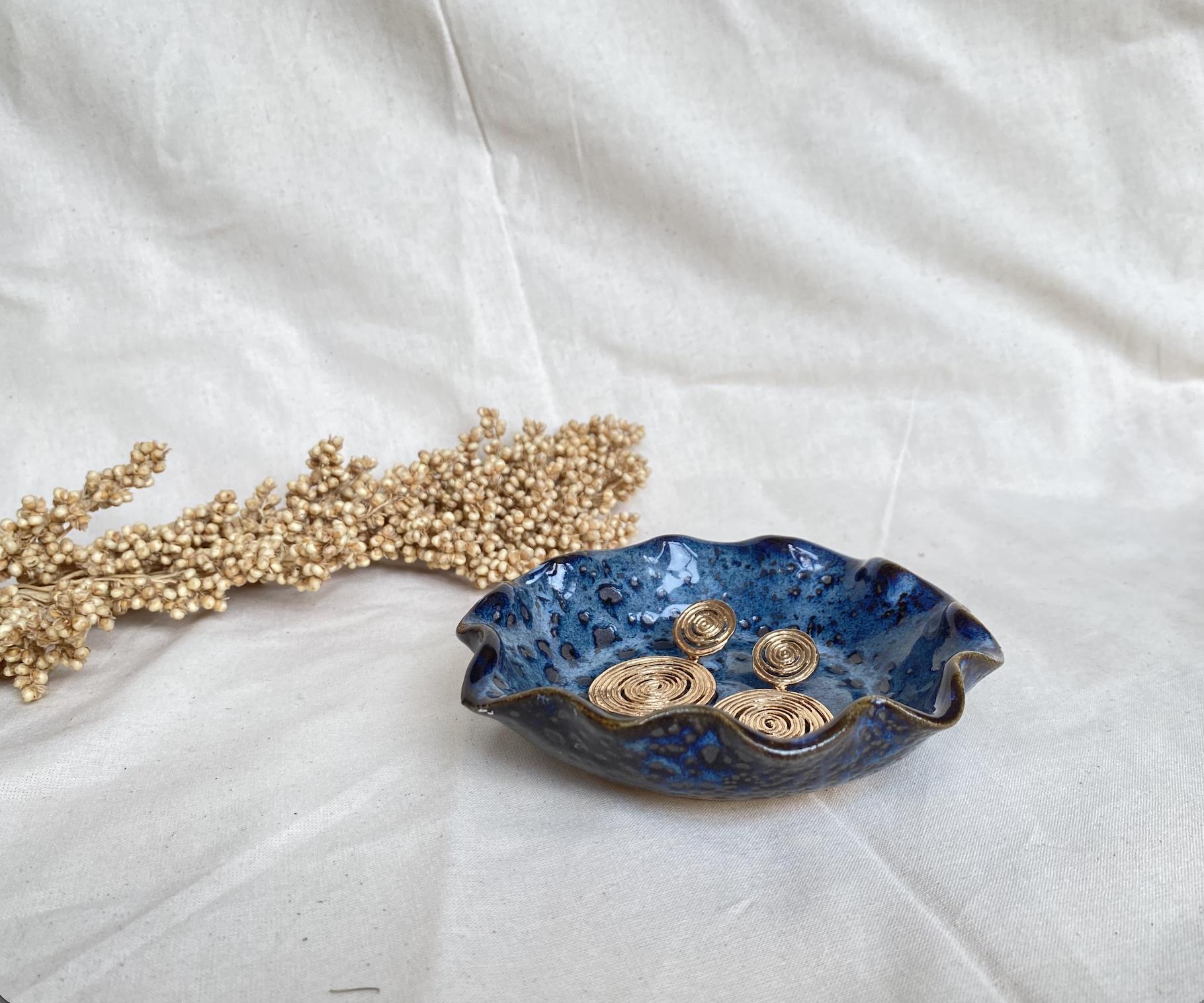 Handmade Ceramic Ring Dish: Spotted Blue Jewelry Holder