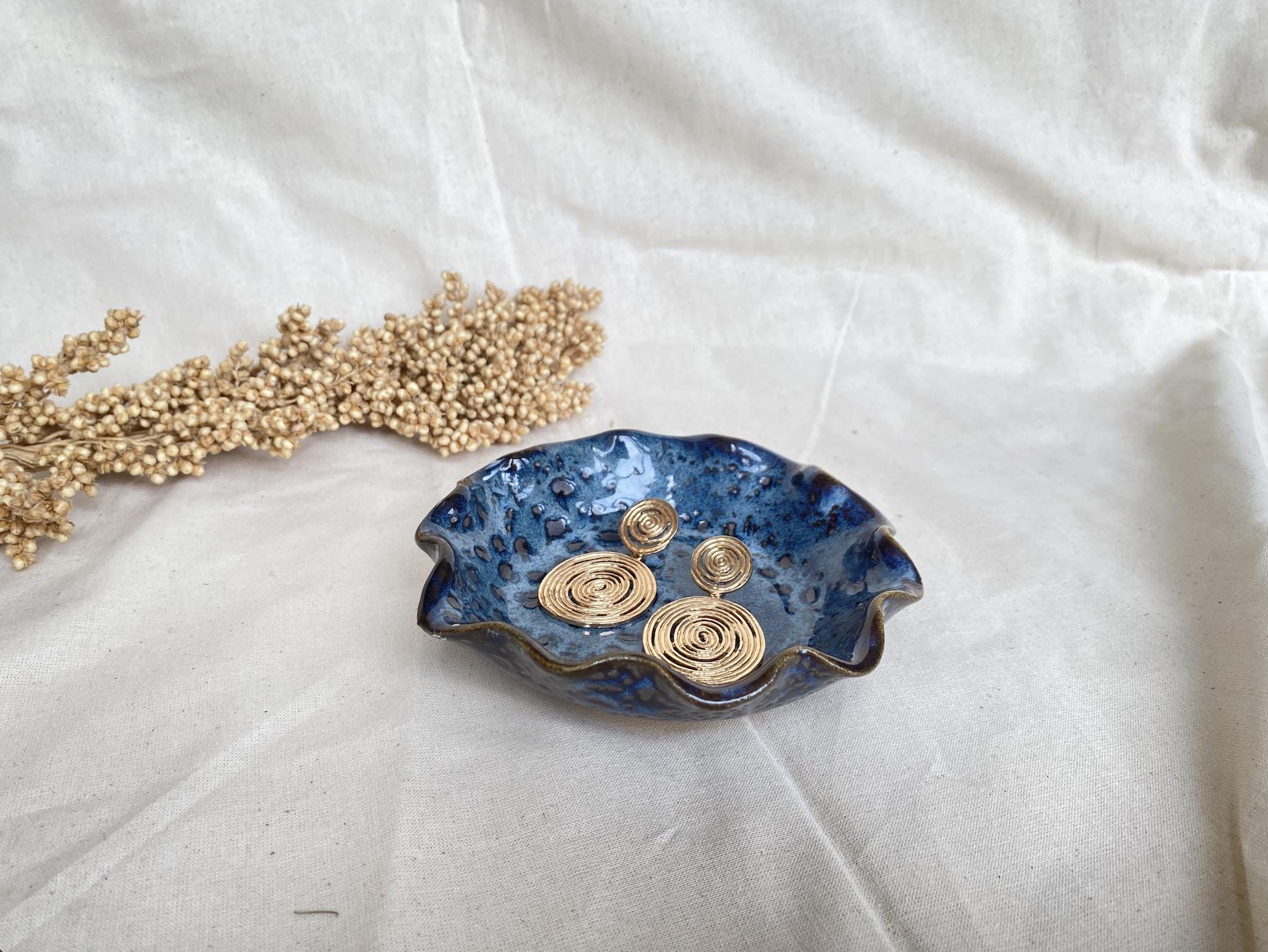 Handmade Ceramic Ring Dish: Spotted Blue Jewelry Holder