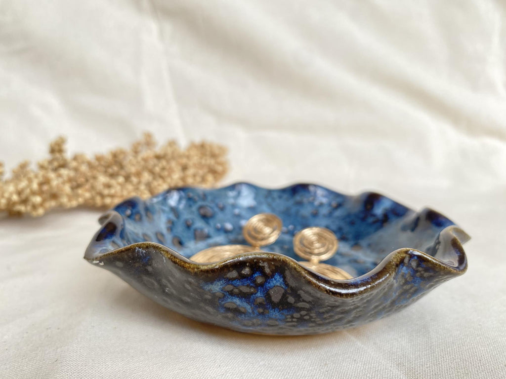 Handmade Ceramic Ring Dish: Spotted Blue Jewelry Holder
