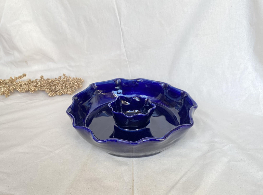 Handmade Stoneware Chip and Dip Bowl: Deep Blue Pierogi Plate