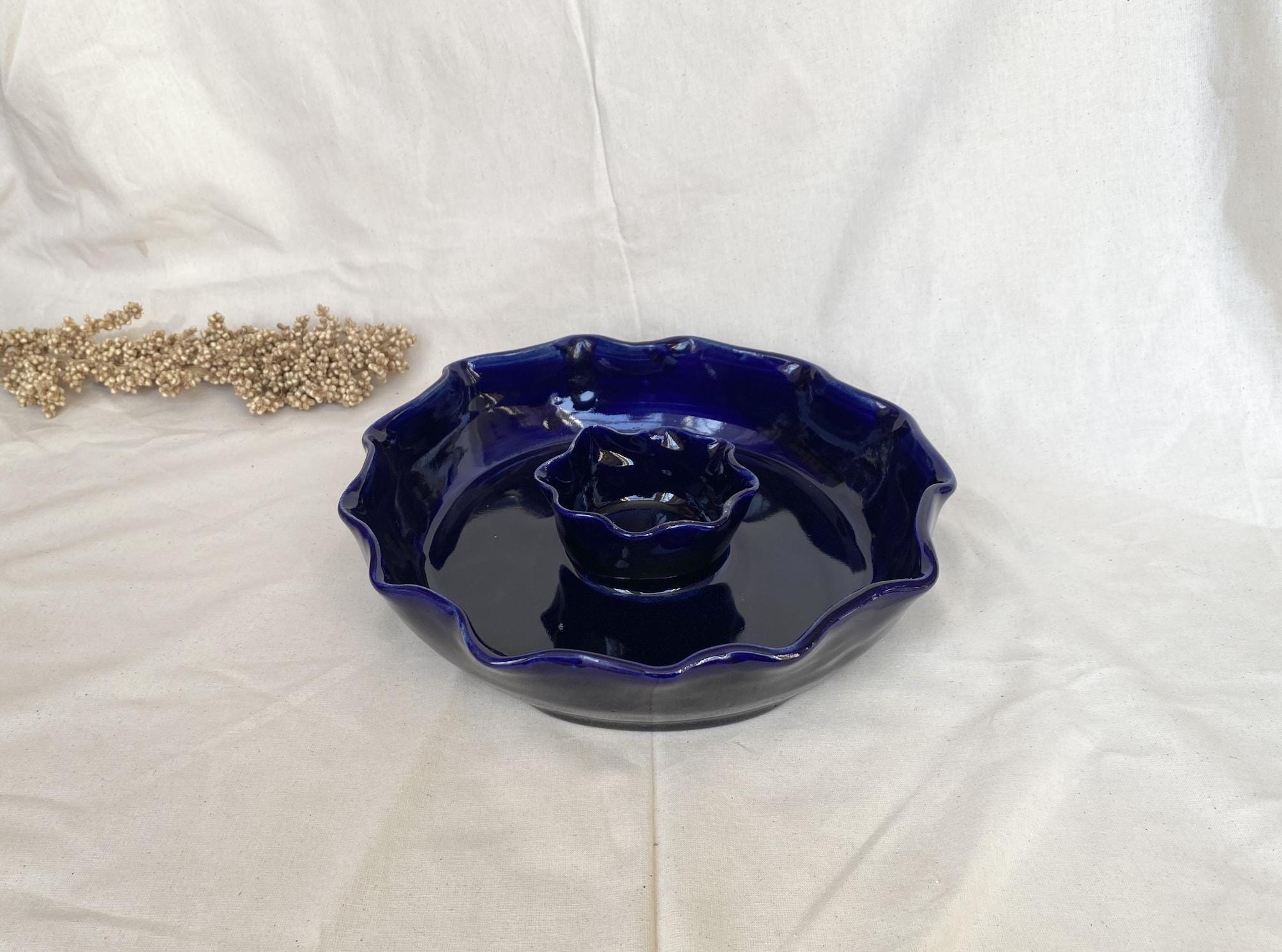 Handmade Stoneware Chip and Dip Bowl: Deep Blue Pierogi Plate