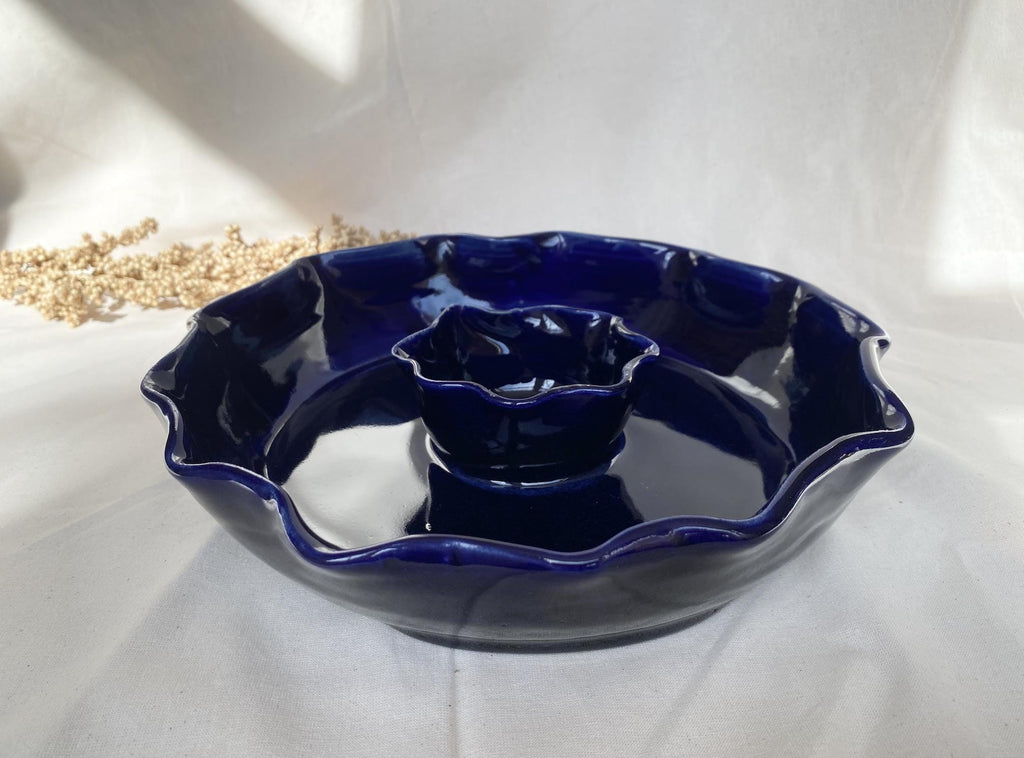 Handmade Stoneware Chip and Dip Bowl: Deep Blue Pierogi Plate