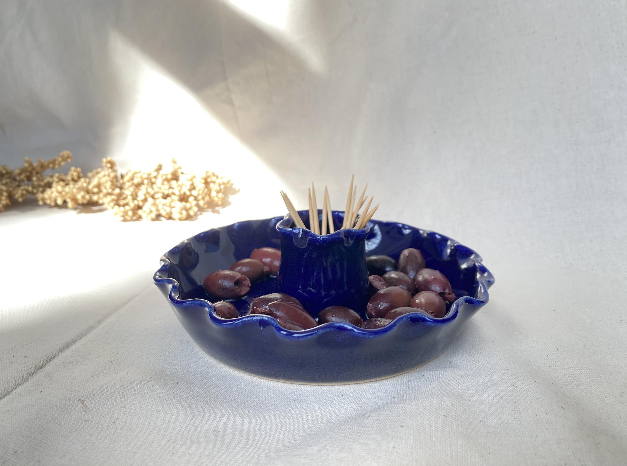 Handmade Ceramic Olive Dish: Blue Glaze Appetizer Plate