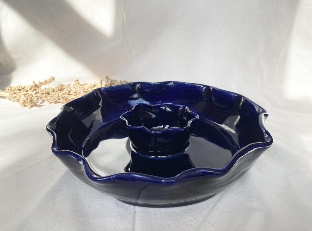 Handmade Stoneware Chip and Dip Bowl: Deep Blue Pierogi Plate