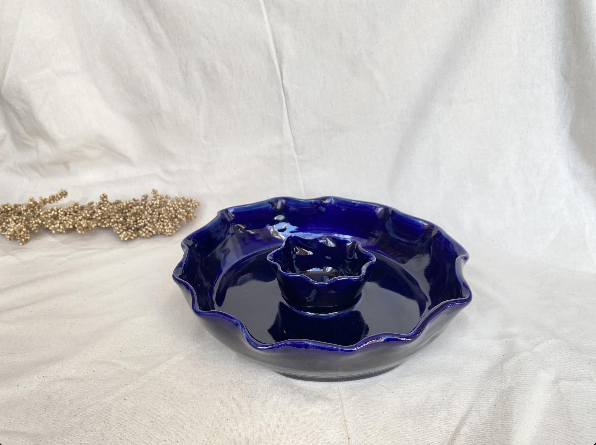 Handmade Stoneware Chip and Dip Bowl: Deep Blue Pierogi Plate