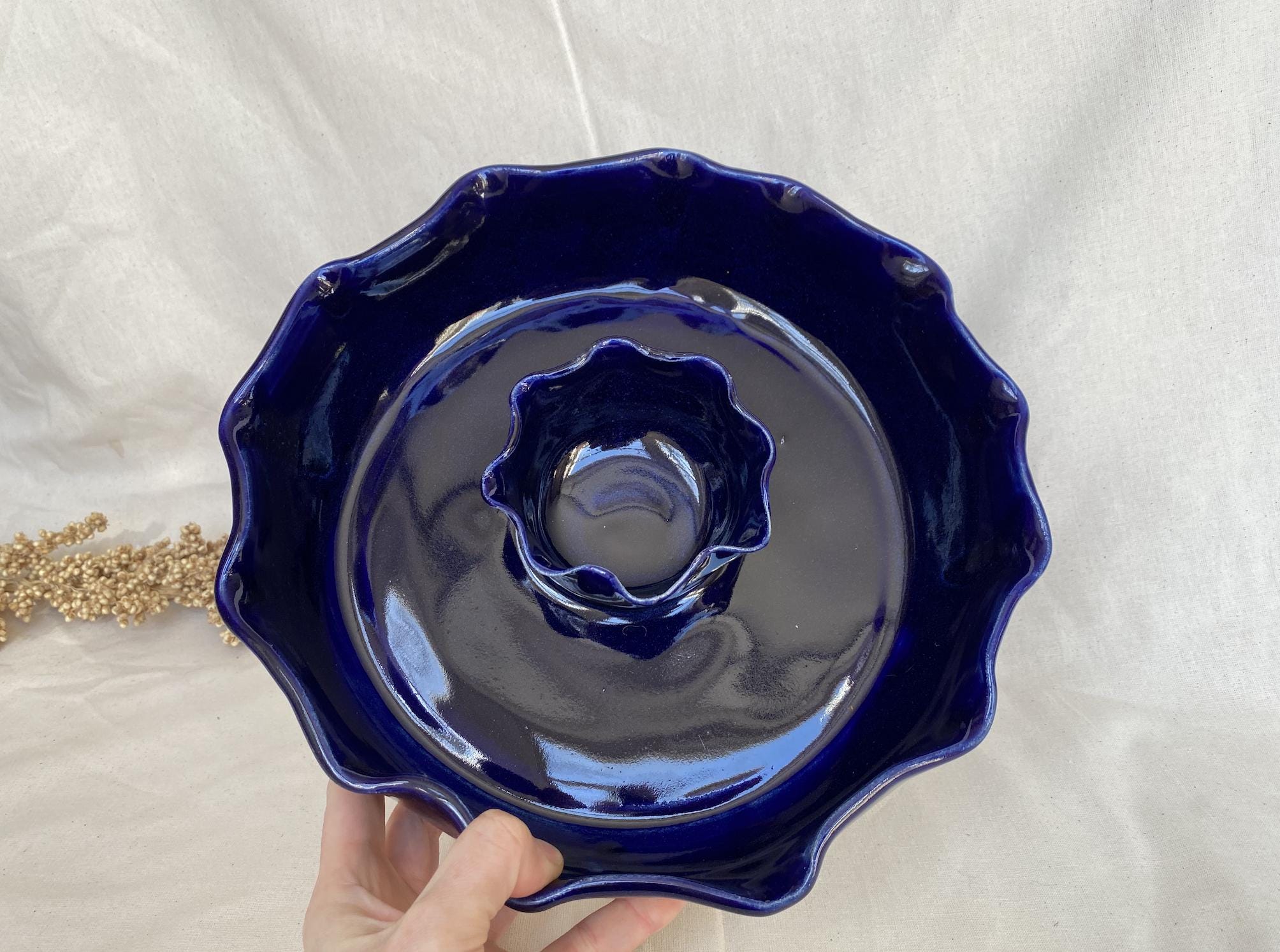Handmade Stoneware Chip and Dip Bowl: Deep Blue Pierogi Plate