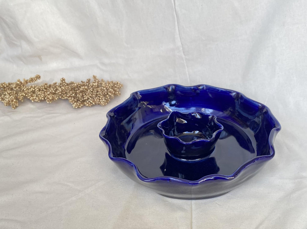 Handmade Stoneware Chip and Dip Bowl: Deep Blue Pierogi Plate