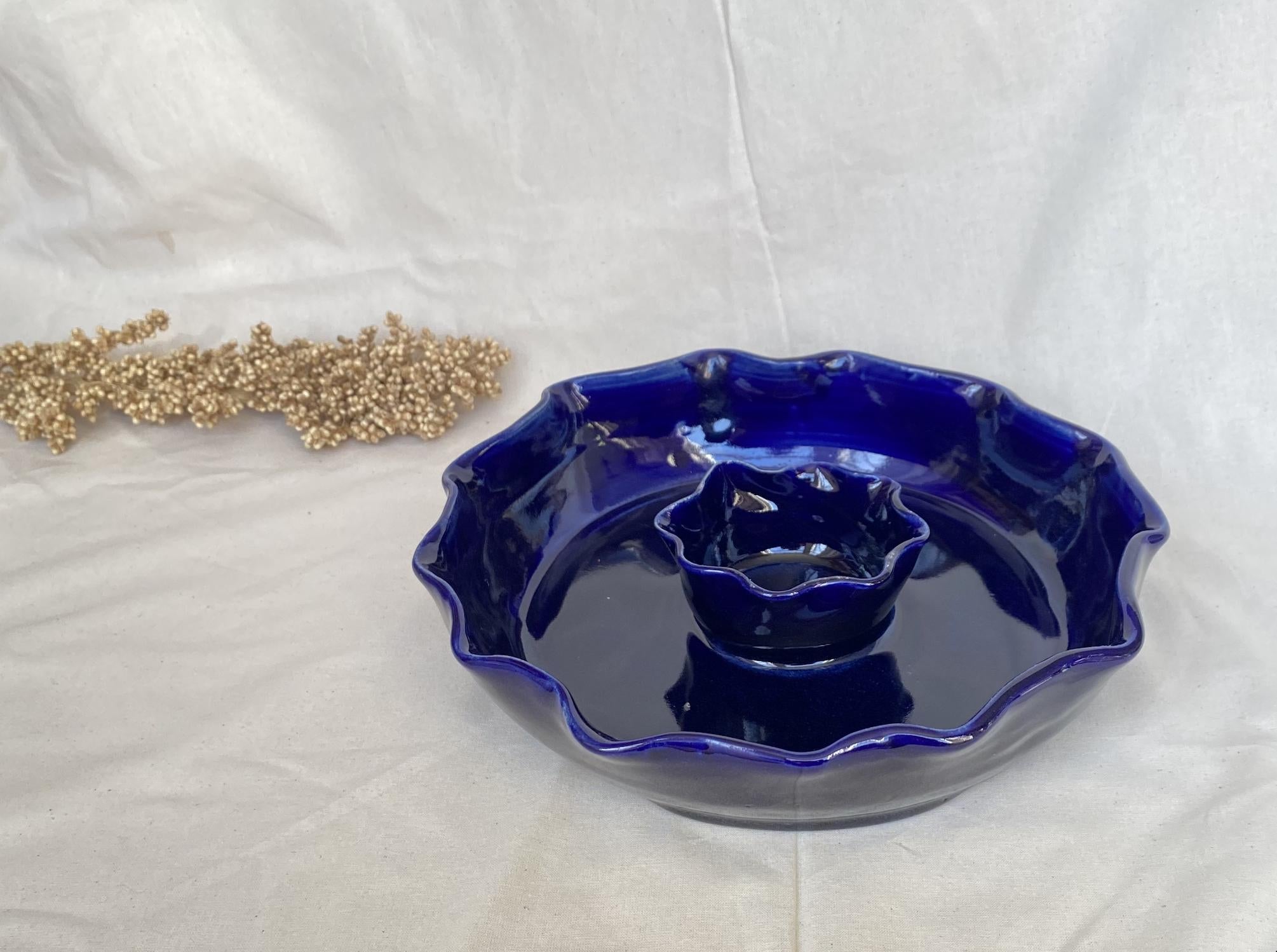 Handmade Stoneware Chip and Dip Bowl: Deep Blue Pierogi Plate