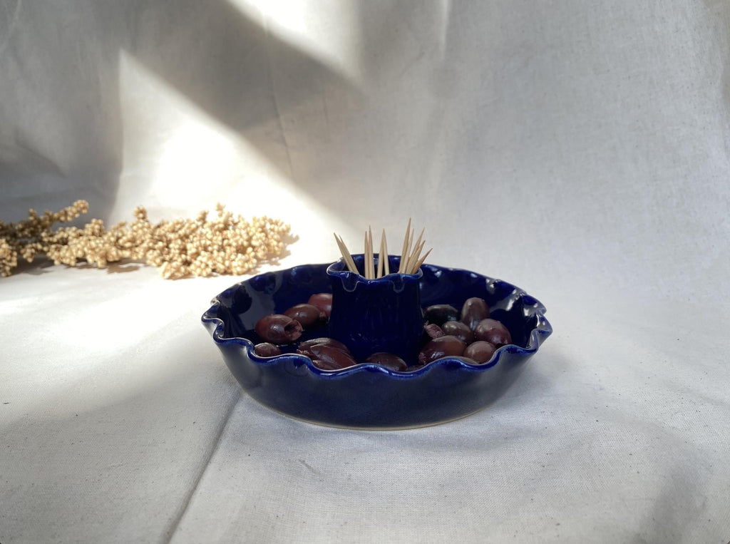 Handmade Ceramic Olive Dish: Blue Glaze Appetizer Plate