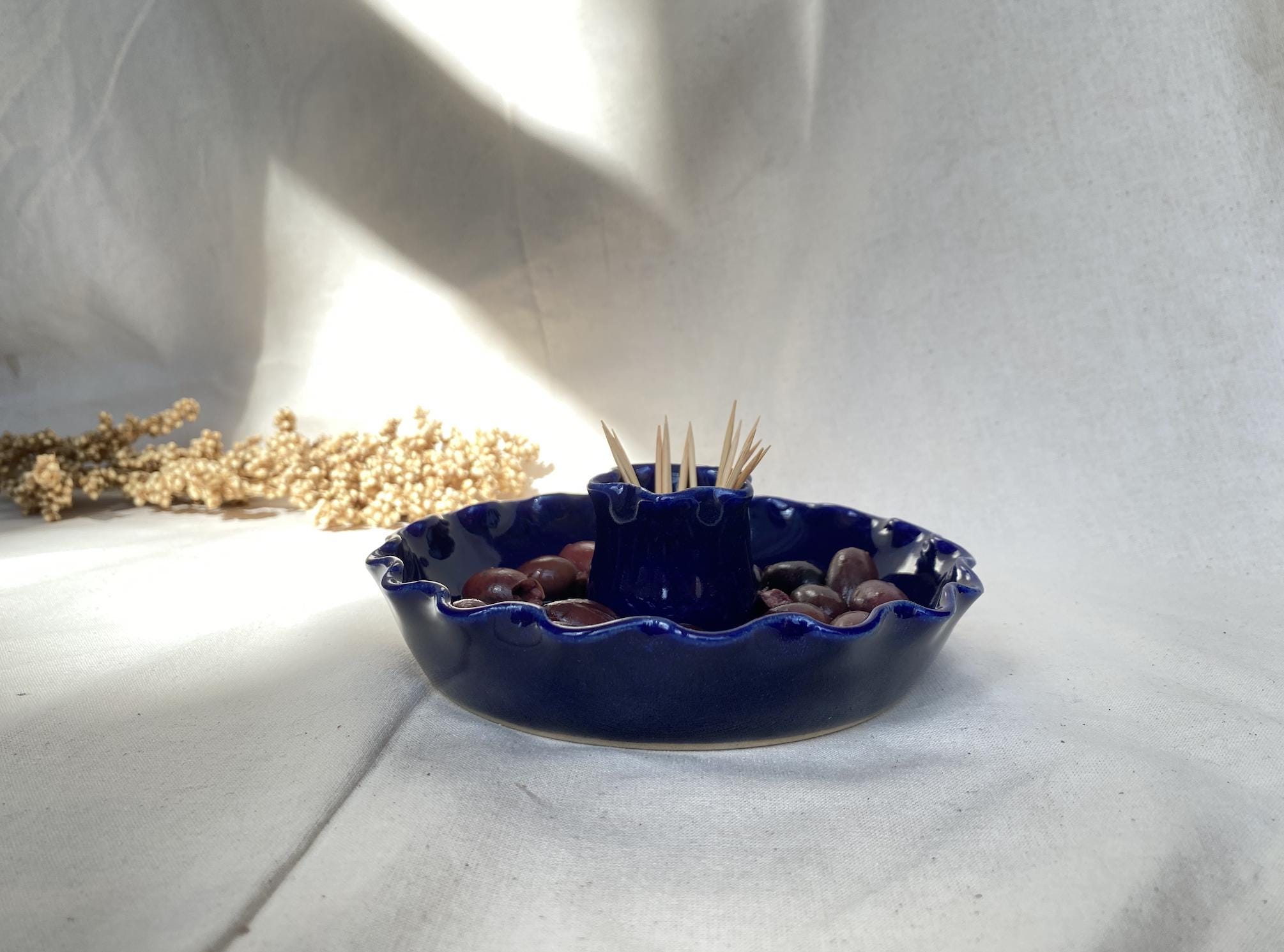 Handmade Ceramic Olive Dish: Blue Glaze Appetizer Plate