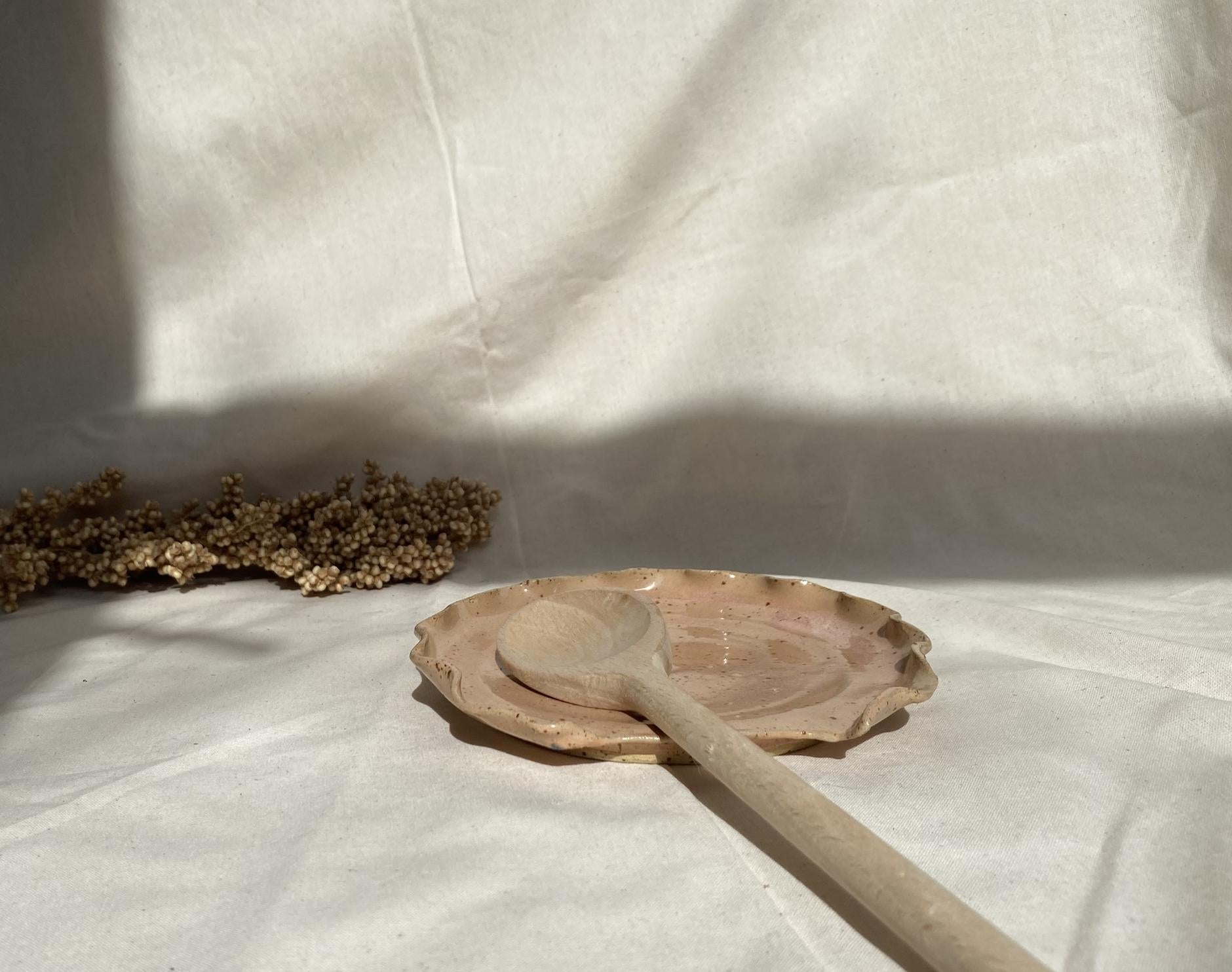 Handmade Ceramic Spoon Rest with Ruffled Edge, Peach Glaze Kitchen Dish