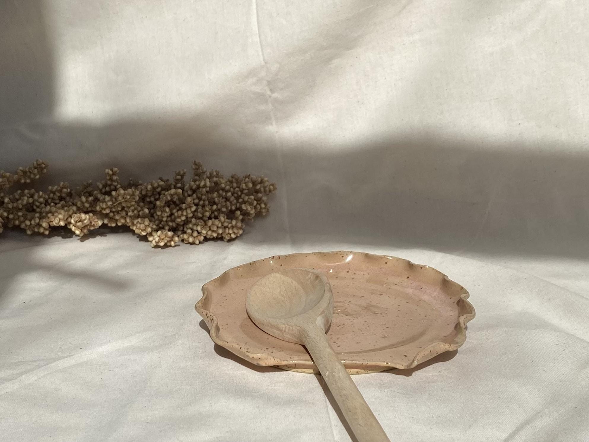 Handmade Ceramic Spoon Rest with Ruffled Edge, Peach Glaze Kitchen Dish