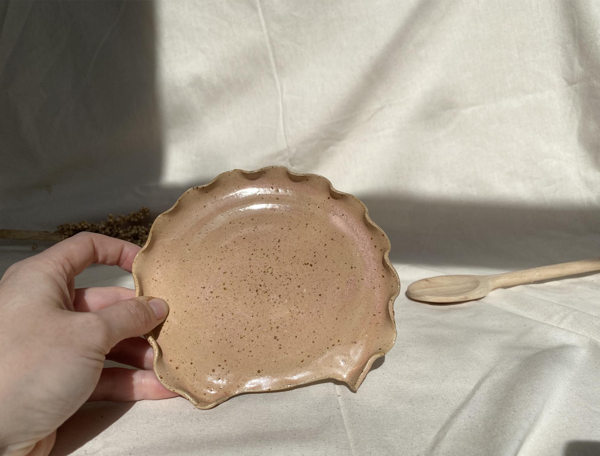 Handmade Ceramic Spoon Rest with Ruffled Edge, Peach Glaze Kitchen Dish