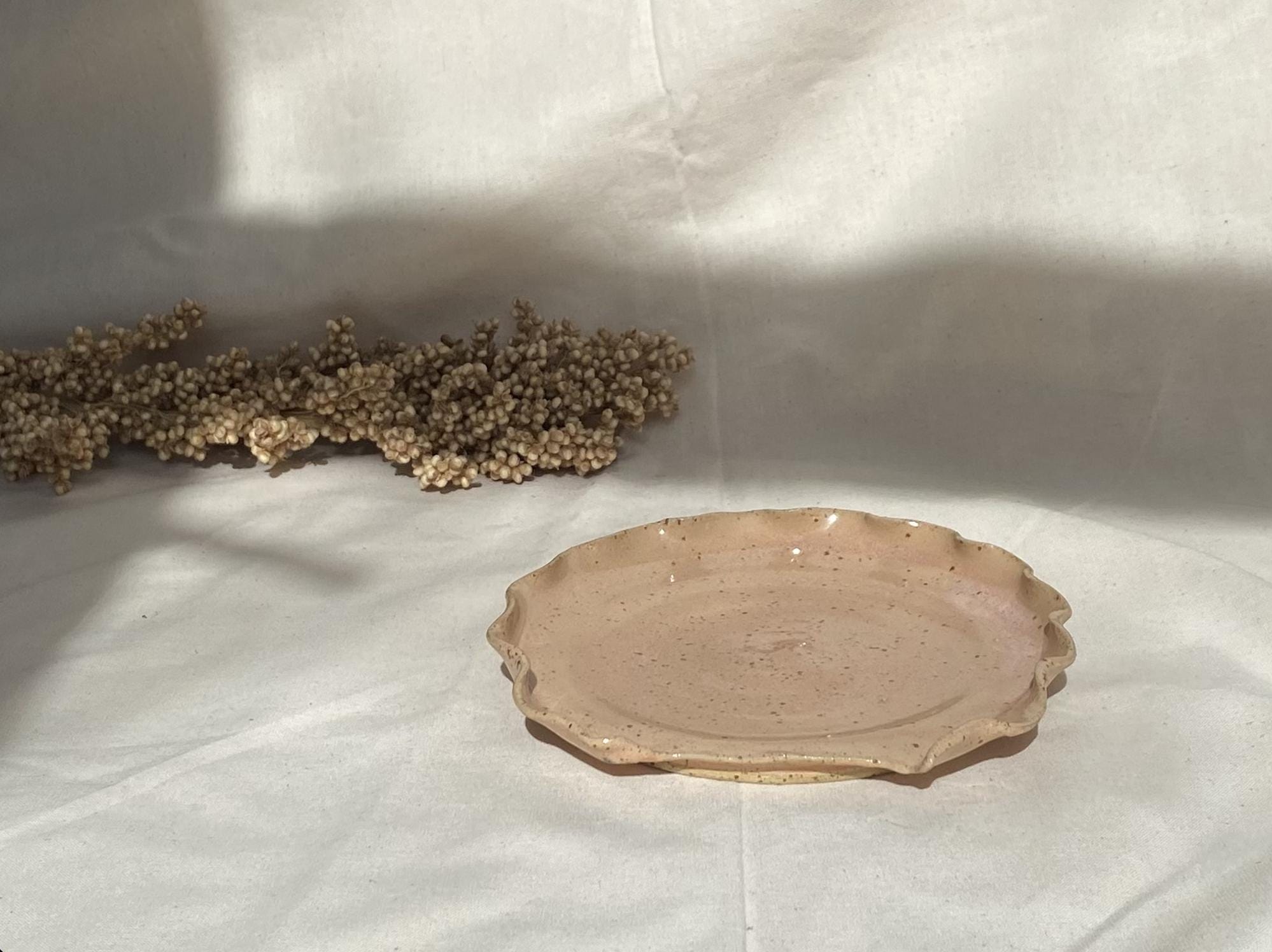 Handmade Ceramic Spoon Rest with Ruffled Edge, Peach Glaze Kitchen Dish