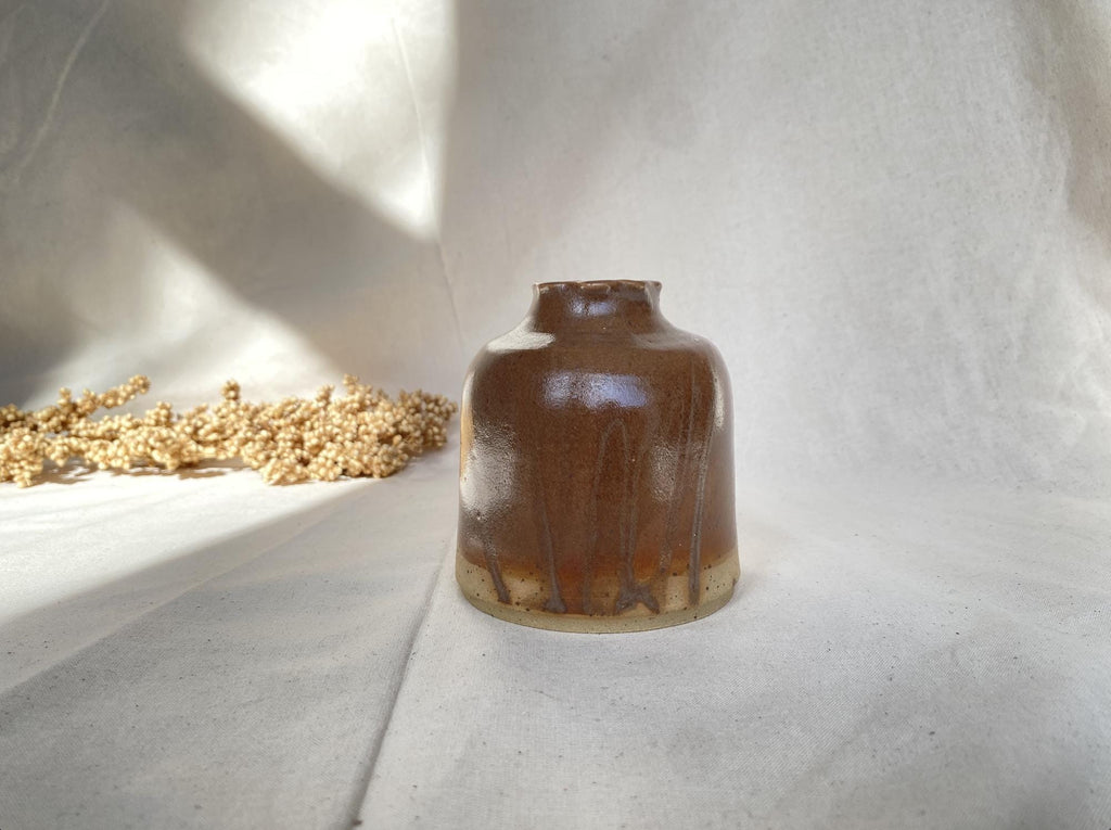 Handmade Ceramic Bud Vase with Ruffled Rim: Warm Chestnut Glaze
