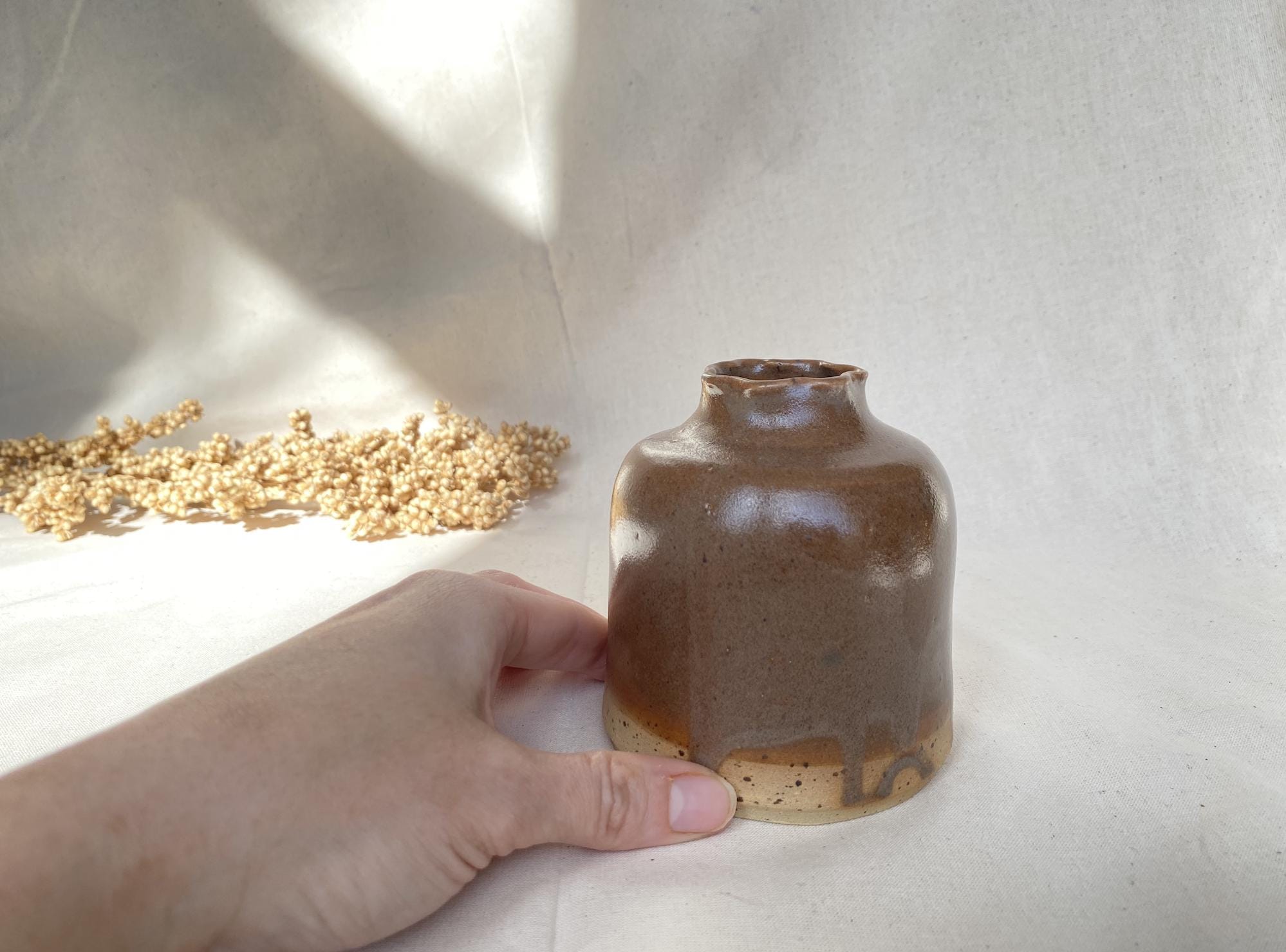 Handmade Ceramic Bud Vase with Ruffled Rim: Warm Chestnut Glaze
