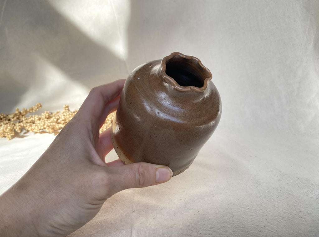 Handmade Ceramic Bud Vase with Ruffled Rim: Warm Chestnut Glaze