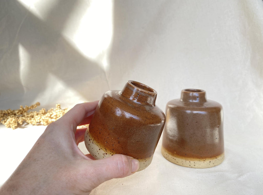 Handmade Ceramic Bud Vase: Warm Chestnut Glaze