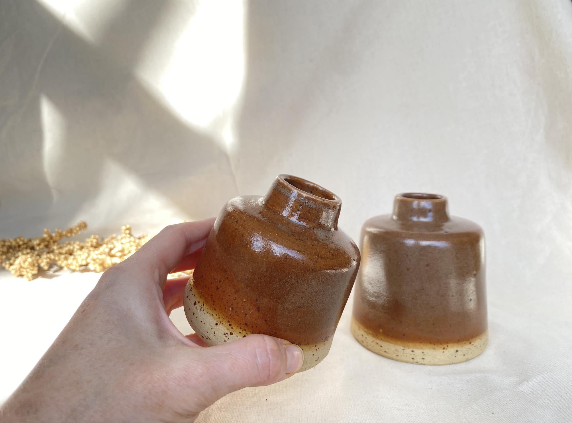 Handmade Ceramic Bud Vase: Warm Chestnut Glaze