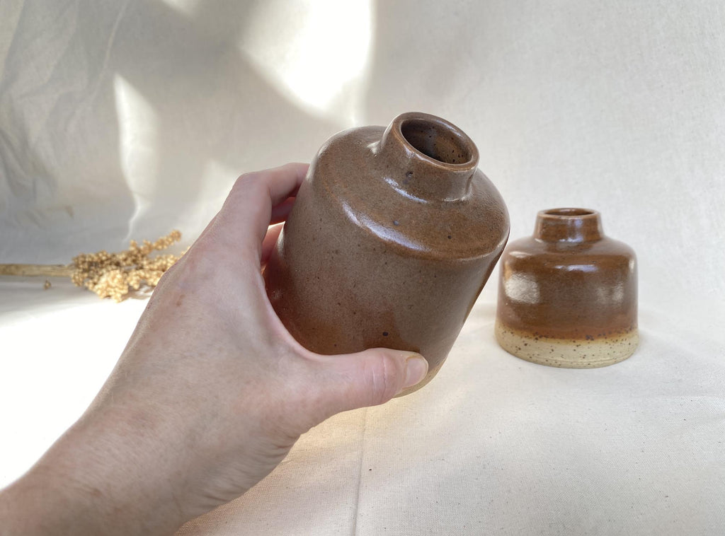 Handmade Ceramic Bud Vase: Warm Chestnut Glaze